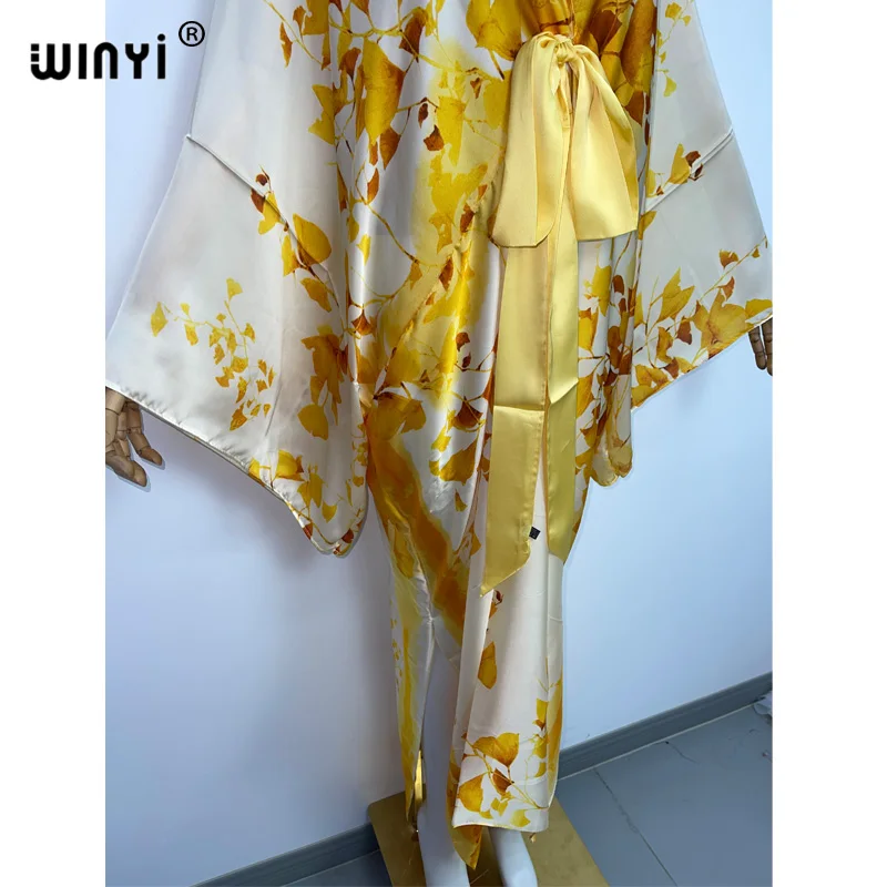 WINYI 2022 Summer Sexy V-Neck Dress Women long Sleeve Club Party Silky elegant Long Dresses boho Beach Cover Up Casual kaftan