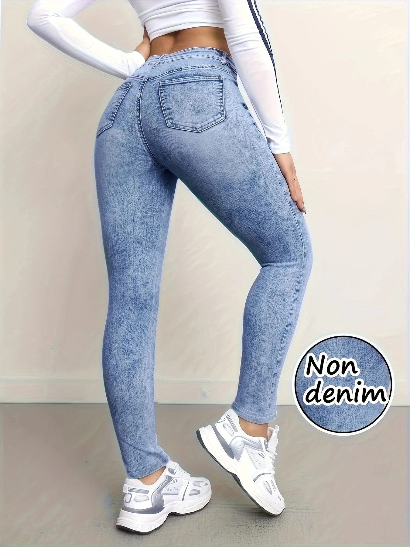Women High Waist Stretch Long Leggings Faux Denim Printed Skinny Pencil Pants Slim Fit Non Denim Jeggings