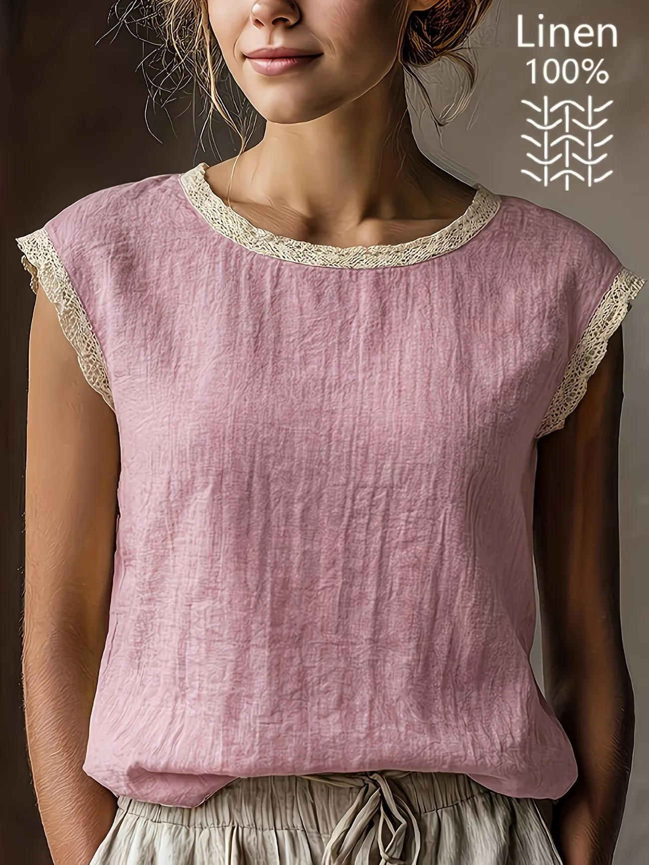 

Spring Summer 2026 Women's Loose Pure Color round Neck Lace T-shirt Breathable Cotton Linen Casual Comfortable Top