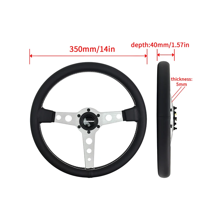 TIYPEOR Universal Classic Leather 14 Inch Prototipo Style Round Hole Thickened Stand Racing Steering Wheel