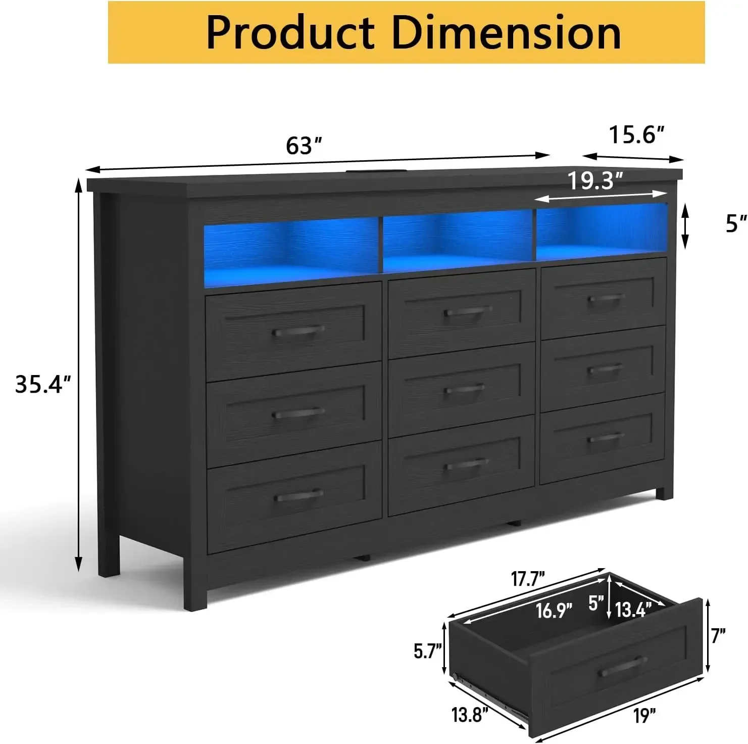 BestsellingFarmhouse 9 Drawer Dresser with LED Lights, 63