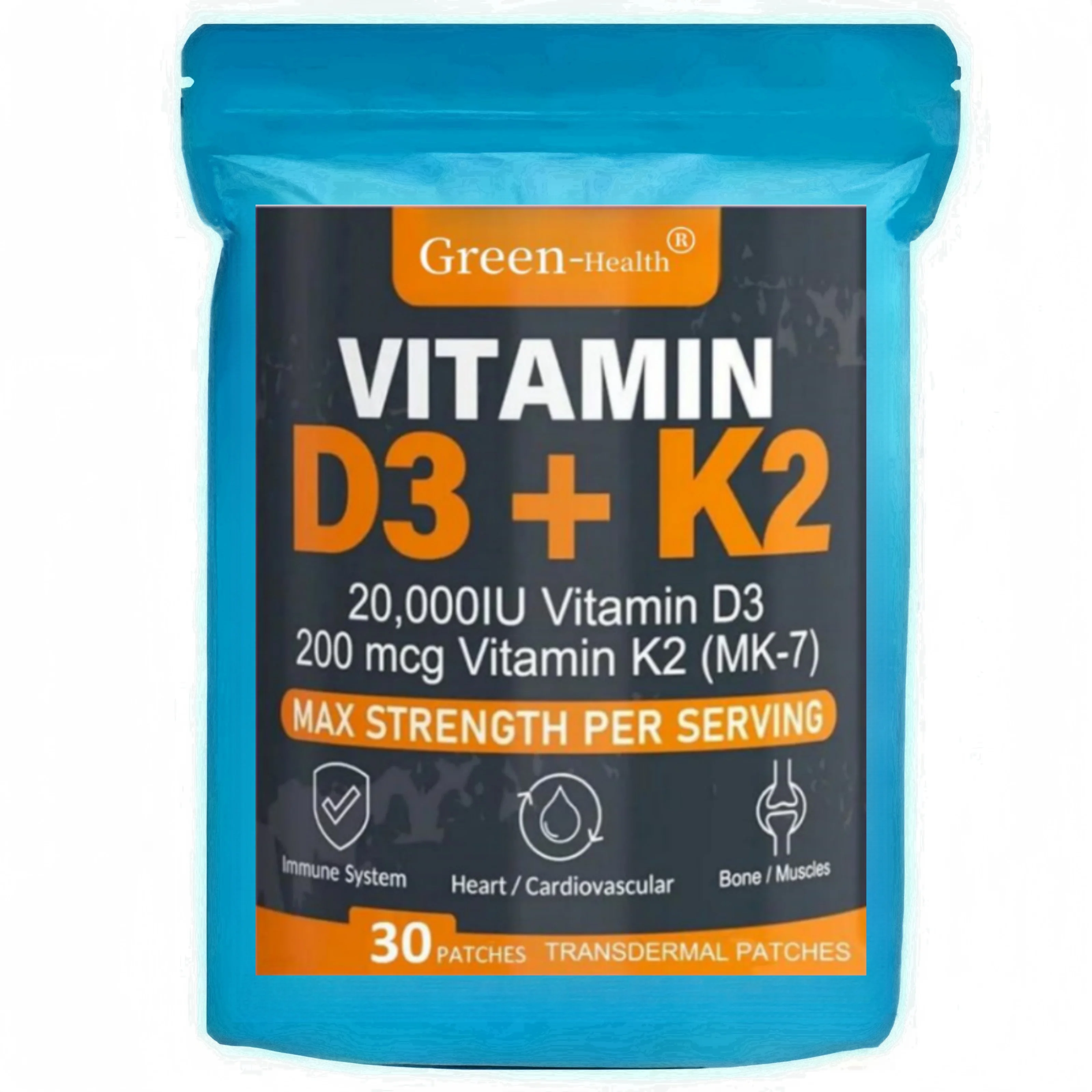 30 Patches Vitamin D3 & K2 Transdermal Patches Support Strong Bones & Muscle, Calcium Absorption & Immune Health