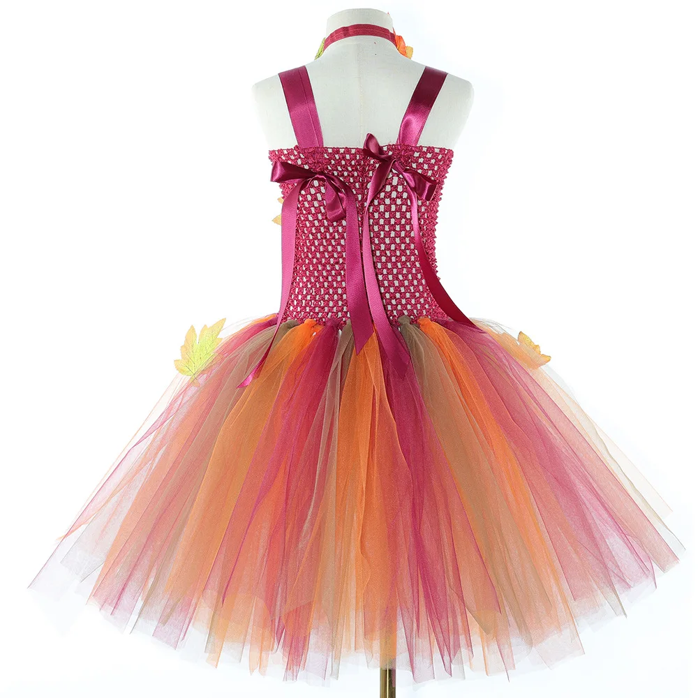 Kids Clothes For Girl Simulation Maple Leaves Halloween Dress Up Costume For Girl Autumn Fairy Thanksgiving Tulle Princess Dress