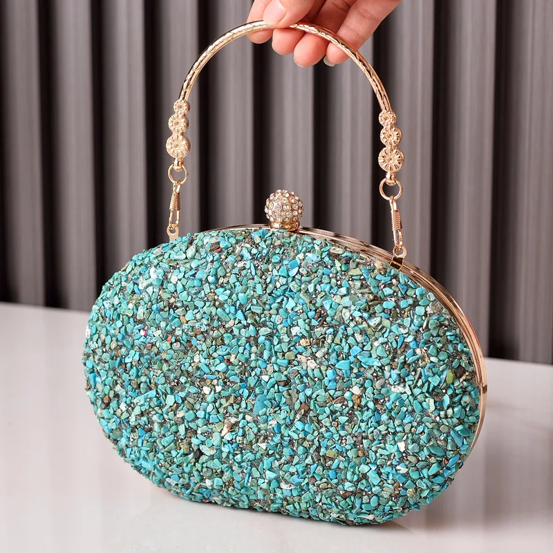 Fashionable Evening Bag with Stones Beige Round Ball Gown Party Bag Detachable Handle Turquoise Clutch Wedding Purses for Woman