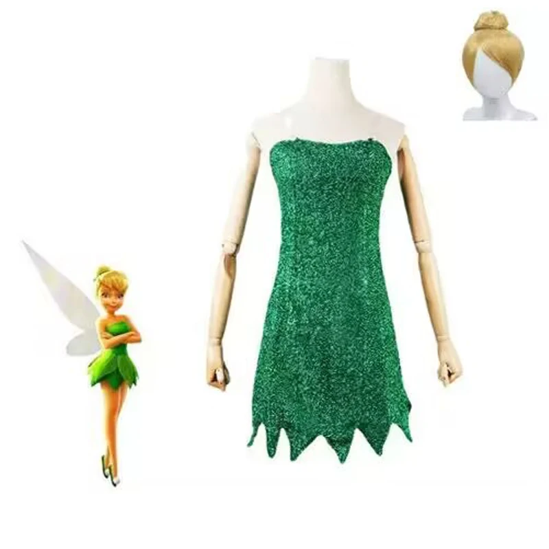 Anime Pixie Fee Cosplay Kostüm Tinker Bell Grün Erwachsene Kleid Tinkerbell Halloween Party Sexy Cosplay Mini Kleider Mit Perücke