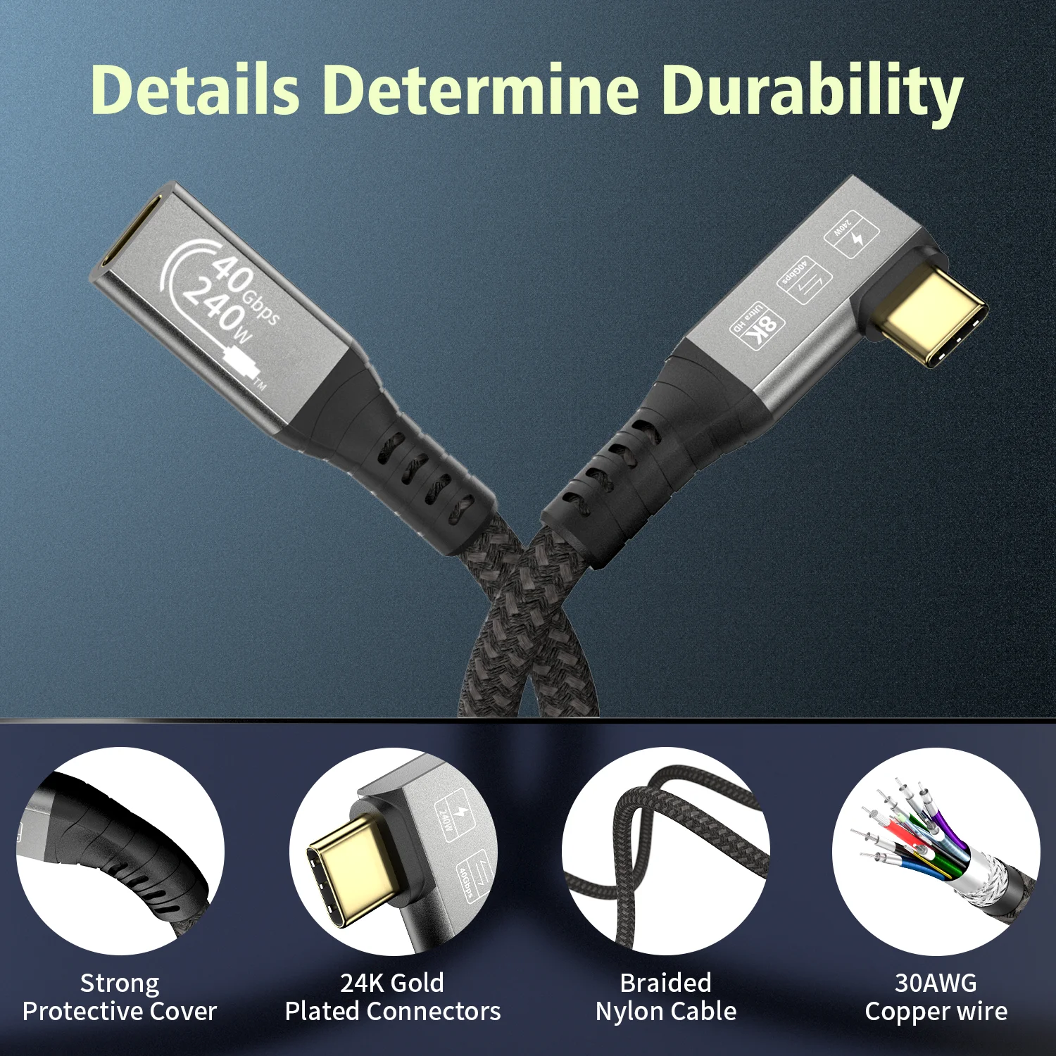 CableDeconn 240W USB4 8K Cable Thunderbolt 4 Compatible 90 Degree USB 4 Type-c Male to Female Extension Cable Ultra HD Charging