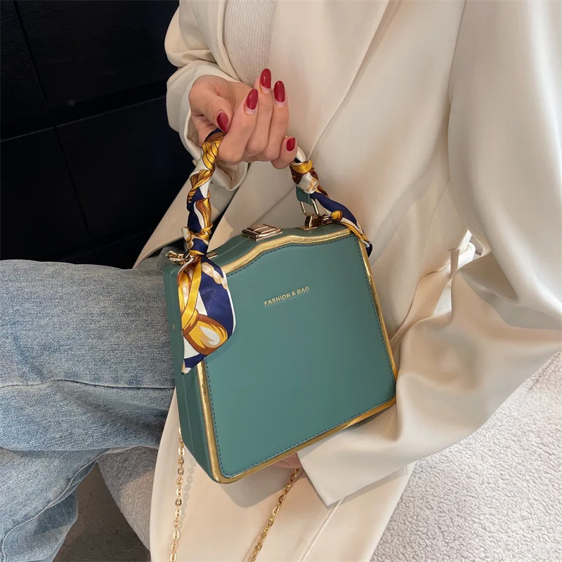 Box Bag with Scarf Handle Vintage Square Totes Pu Leather Handbag And Purse For Women New Fashion Brand Shoulder Crossbody Bag