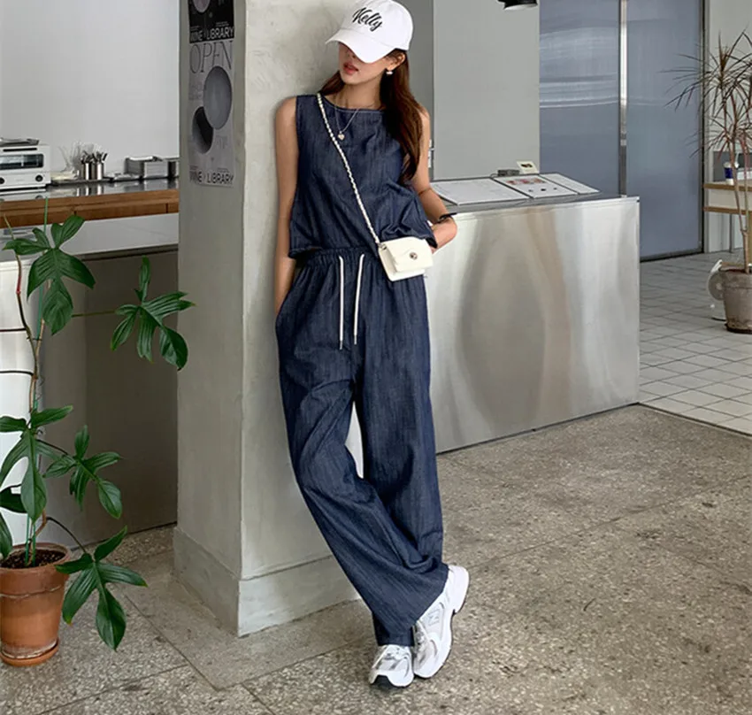 Chic Summer Denim Pants Two Piece Set Women Sexy Backless Split Sleeveless Vest Tops + High Elastic Waist Wide Leg Trousers Suit