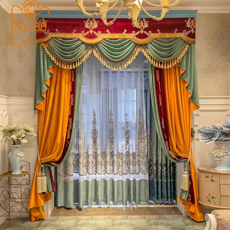 Custom Orange Embroidered Window Screen Retro Velvet Patched Curtains for Living Room Bedroom French Window Balcony Valance