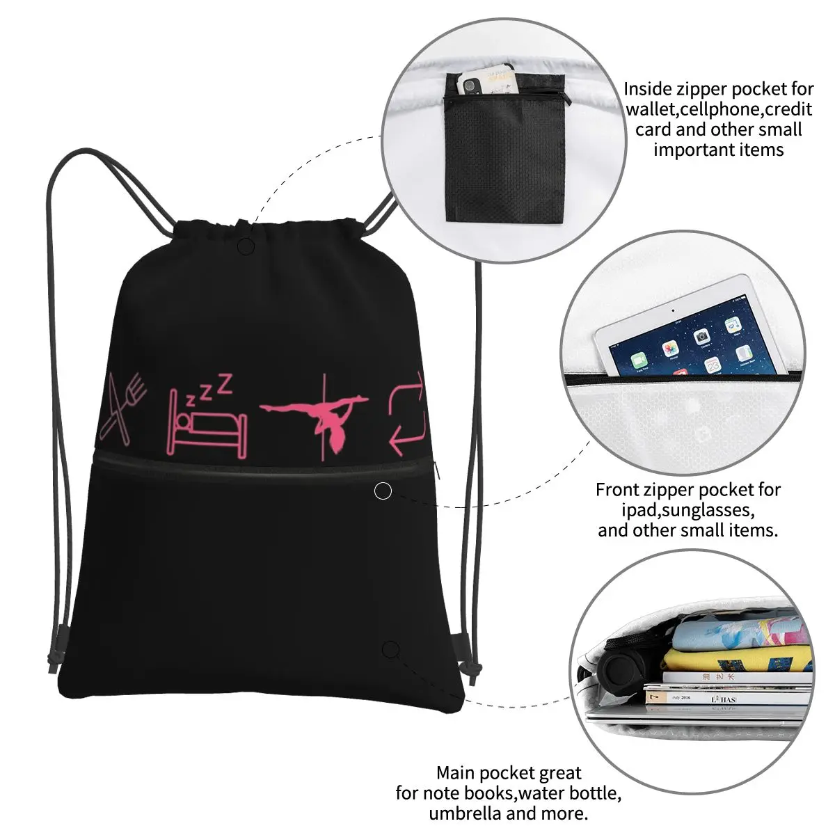 Saco de cordão portátil com pacote de cordão, Bolso Diversos Sacos para estudante de escola, Comer Sono, Pole Dance Repeat Icons