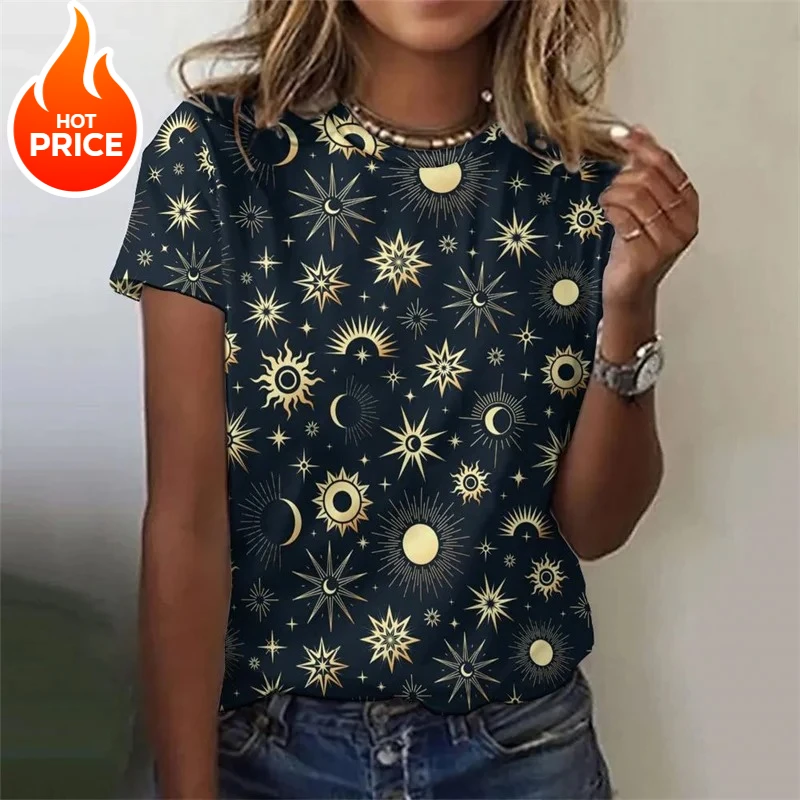 3D-gedrucktes Sonnensterne-Mond-T-Shirt für Frauen, Sternenhimmel-Grafik-T-Shirts, Sommer, lässige, lockere T-Shirts, Rundhalsausschnitt, kurze Ärmel