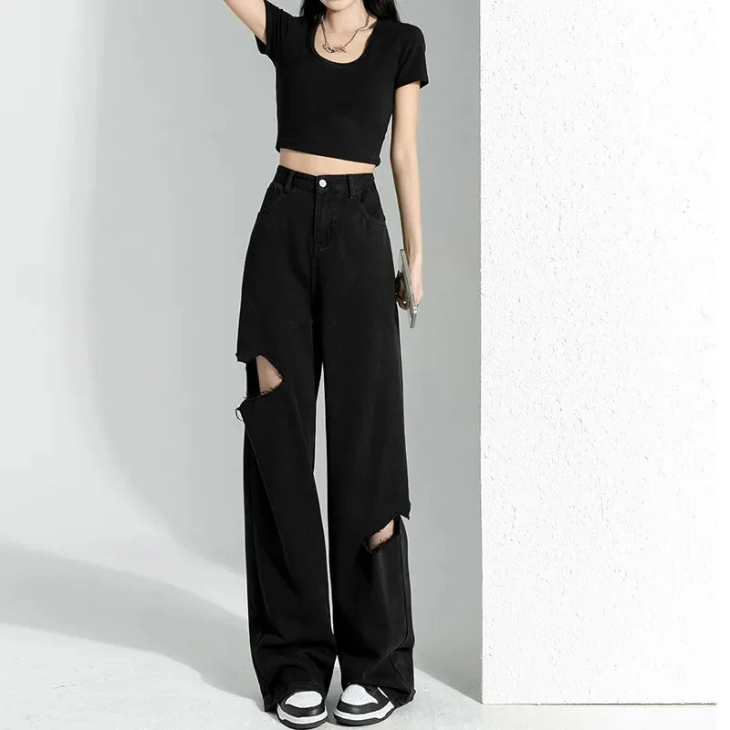Female High Waisted Hole Wide Legs Denim Pants Summer Ladies Loose Fitting Straight Cylinder Trousers Women  Ripped Jeans