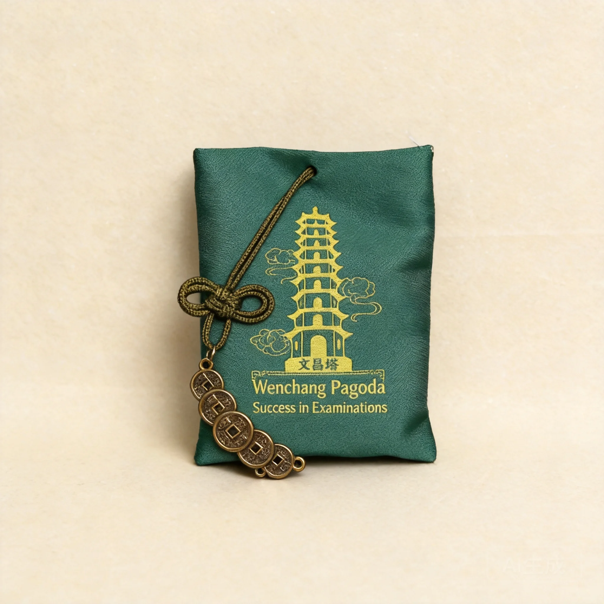 

Traditional Chinese Style Blessing Sachet Wenchang Tower Five Emperor Coins Pendant With Agarwood Inside Good Luck Hanger For