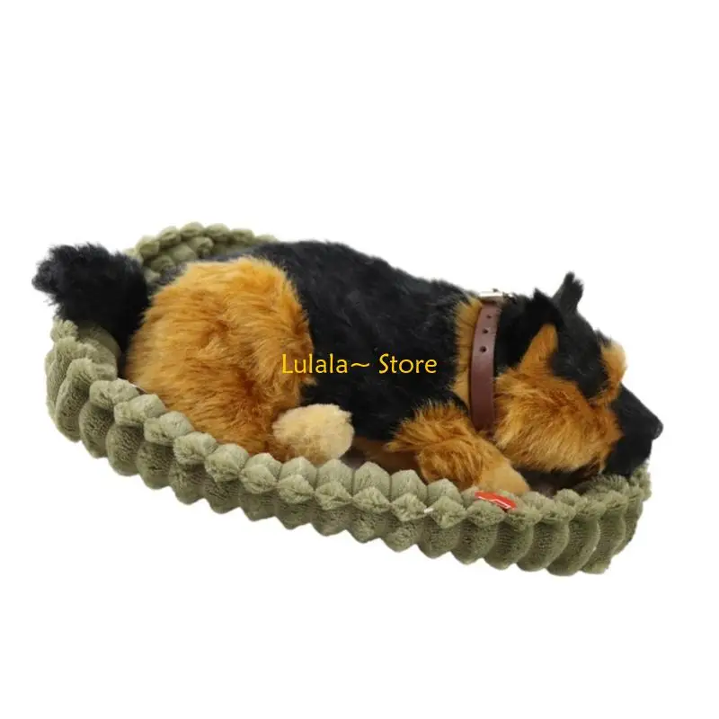 Y4qa cão realista dormindo ornamento pelúcia respiração cão peludo brinquedo pelúcia com tapete eletrônico animal para