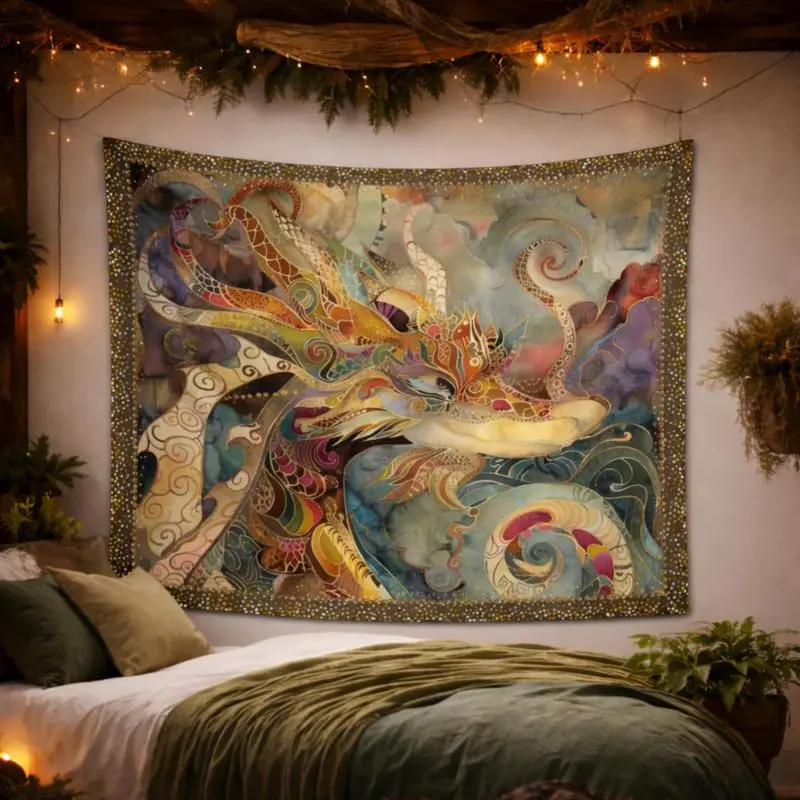 VIKAMA Mystic Dragon Tapestry Bohemian Oriental Art Polyester Wall Hanging Bedroom Dorm Living Room Aesthetic Boho Soft Durable