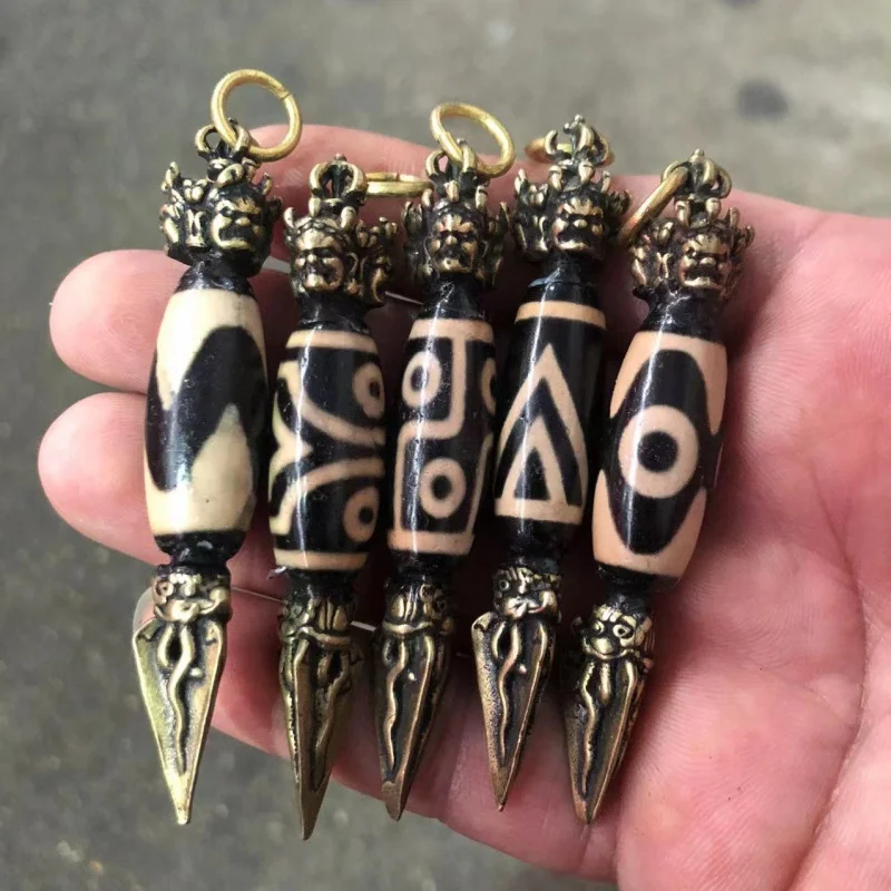 Brass Vajra Inlaid Tiger Tooth Three-Eye Pendant Diy Ornament Dzi Agate