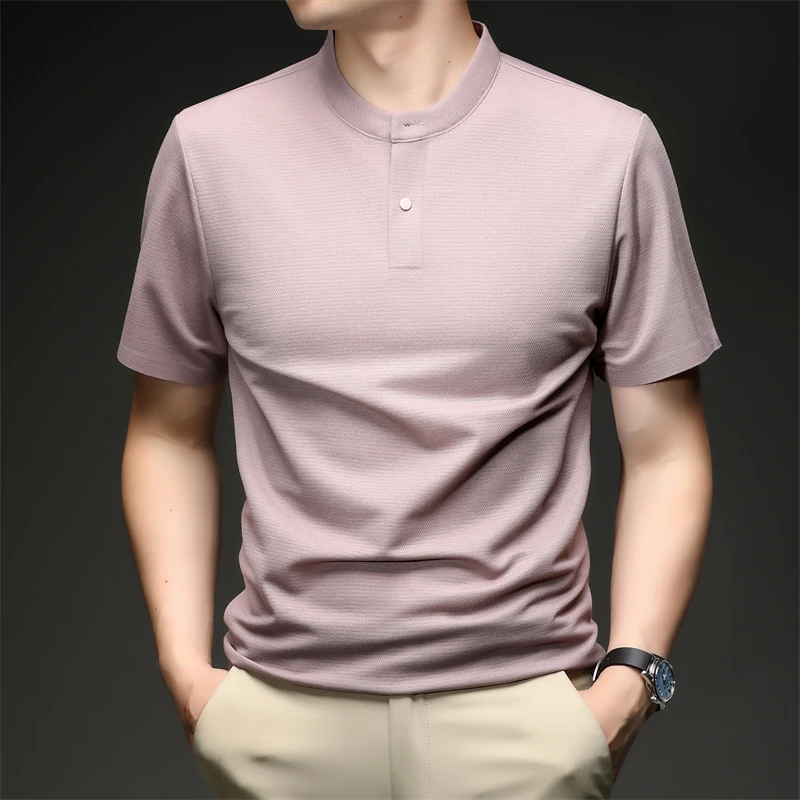 2026 New Men's Single Button Henley Neck Tee Comfortable Textured Fabric Short Sleeve For Casual And Business