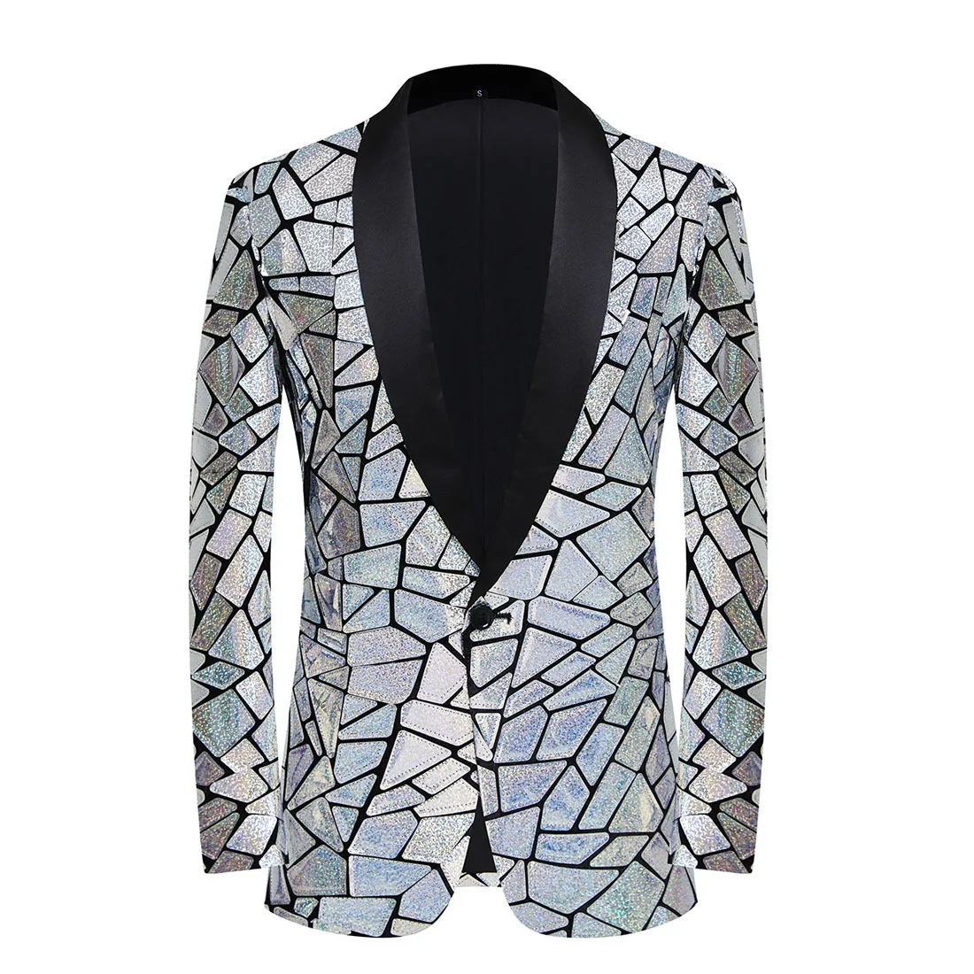 Men\'s Laser Sequin Blazer Jacket Shawl Lapel Single Button Shiny Wedding Party Host Suit Tuxedo Nightclub Bar Singer Host Blazer