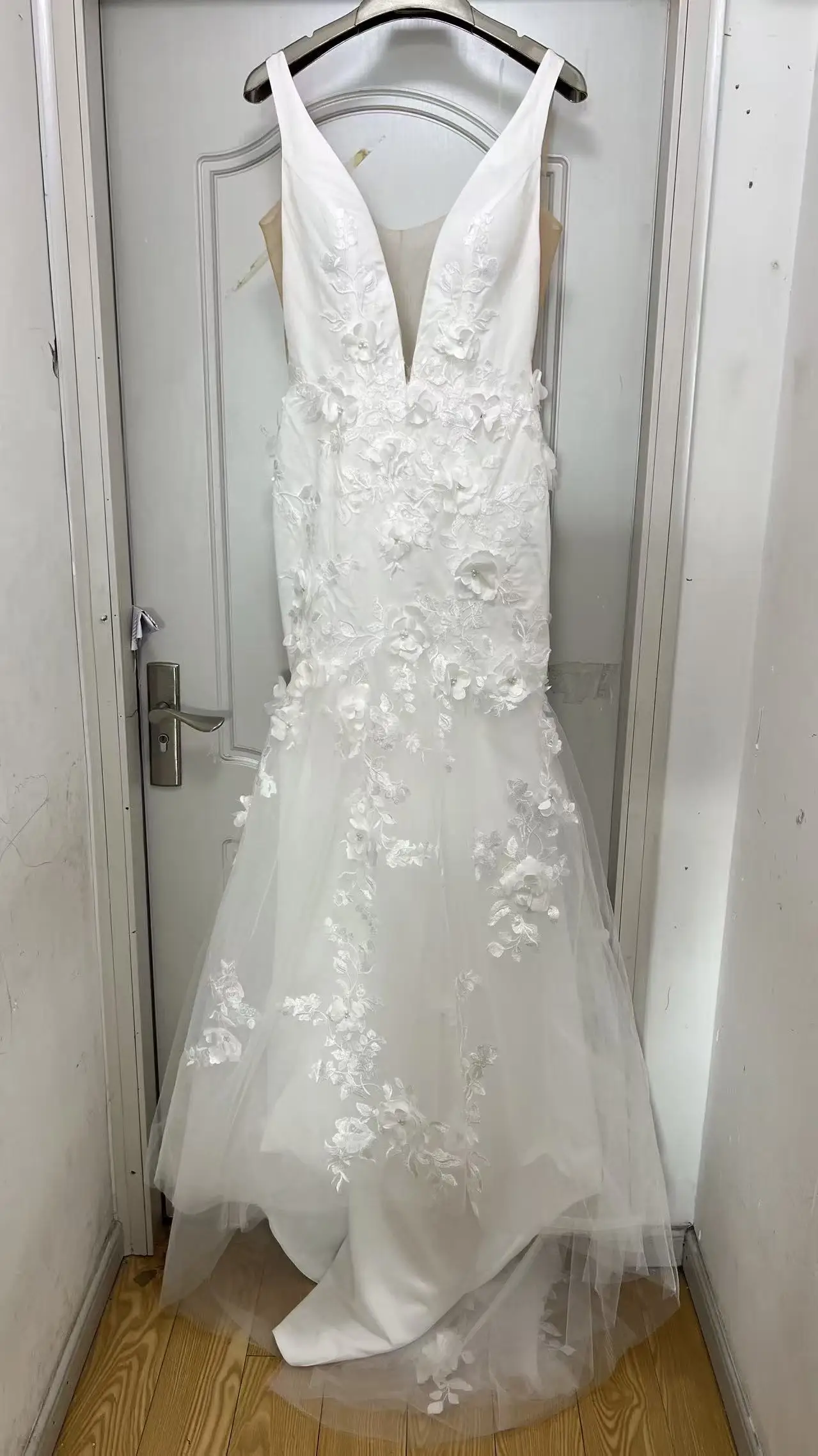 فساتين زفاف حورية البحر عتيقة مصنوعة حسب الطلب 2022 على شكل حرف v بدون ظهر دانتيل زينة زهور ثلاثية الأبعاد فستان زفاف ريفي مقاس كبير #5