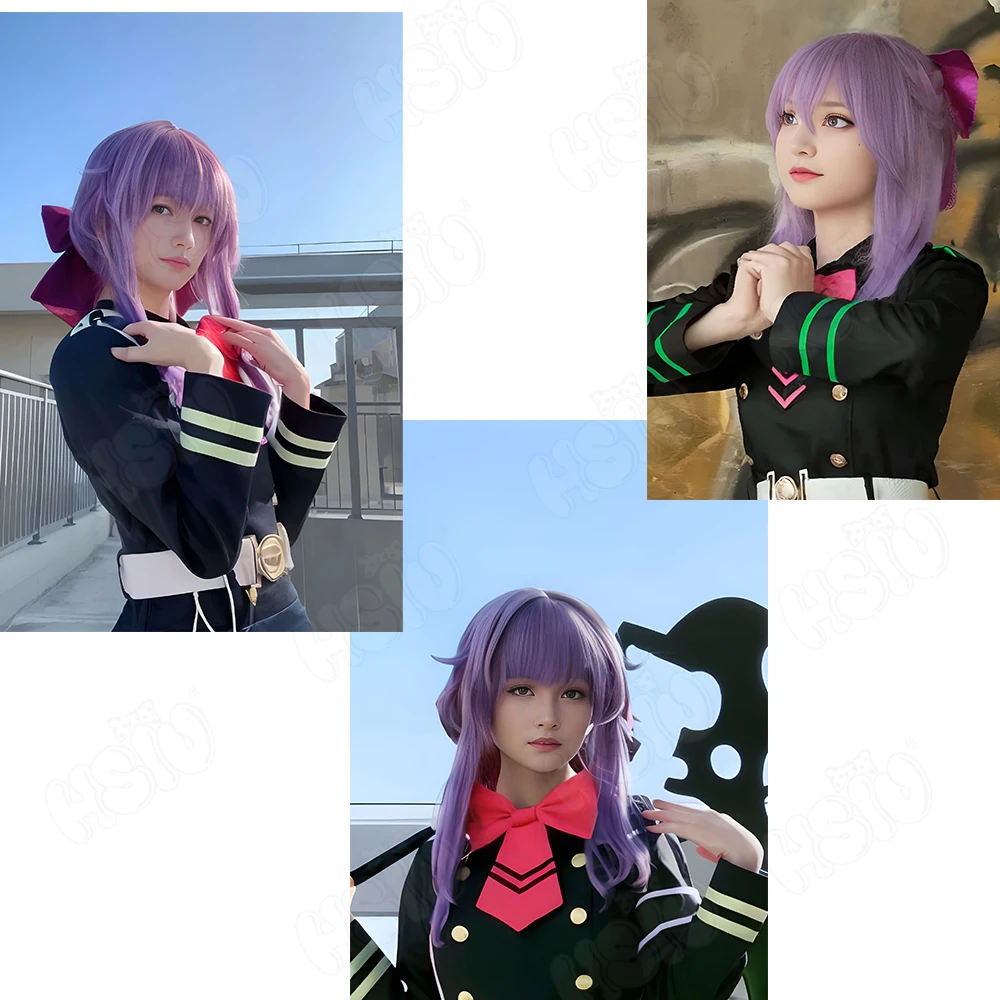 Shinoa Hiiragi peruka do Cosplay Anime serafin końca peruka do cosplay HSIU 45cm szare fioletowe długie włosy odporne na ciepło peruka syntetyczna