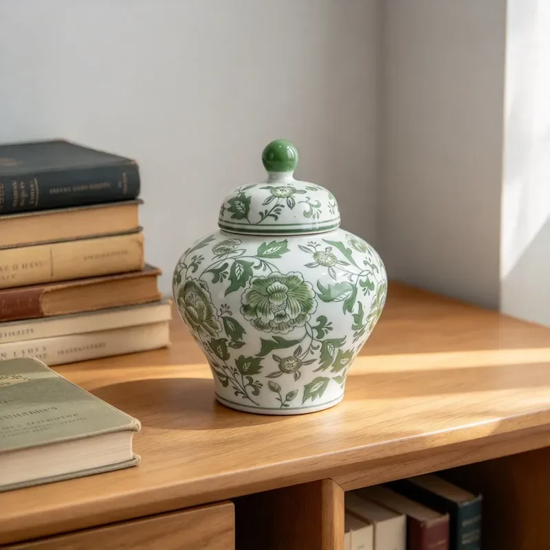 Green Flower Porcelain Ginger Jar with Lid Chinese Ceramic Storage Jar Home Decoration Ornament