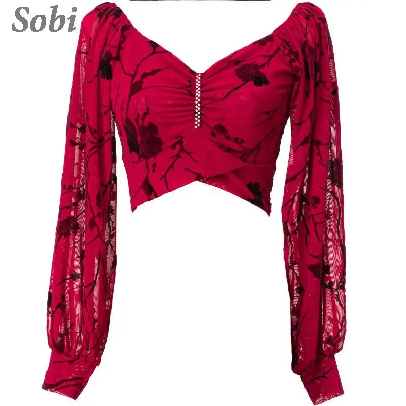 New Women Belly Dance Long Sleeve Tops Fashion Chiffon Square Neck Crop Top Adult Oriental Dance Shirt Belly Dancing Costume Top