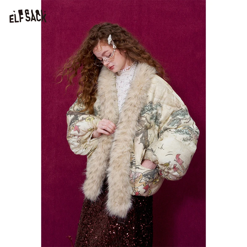 ELFSACK Women Puffer Down Jacket 2026 Winter Pony Print Fur Collar Lantern Sleeve New Oriental Style Casual Outerwear