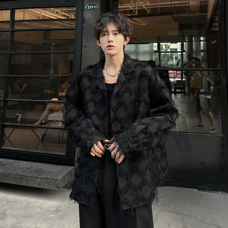 

2026 Spring Autumn Men's Luxury Fringed Check Shirt Cuban Collar Oversized Button Down Shirt For Streetwear