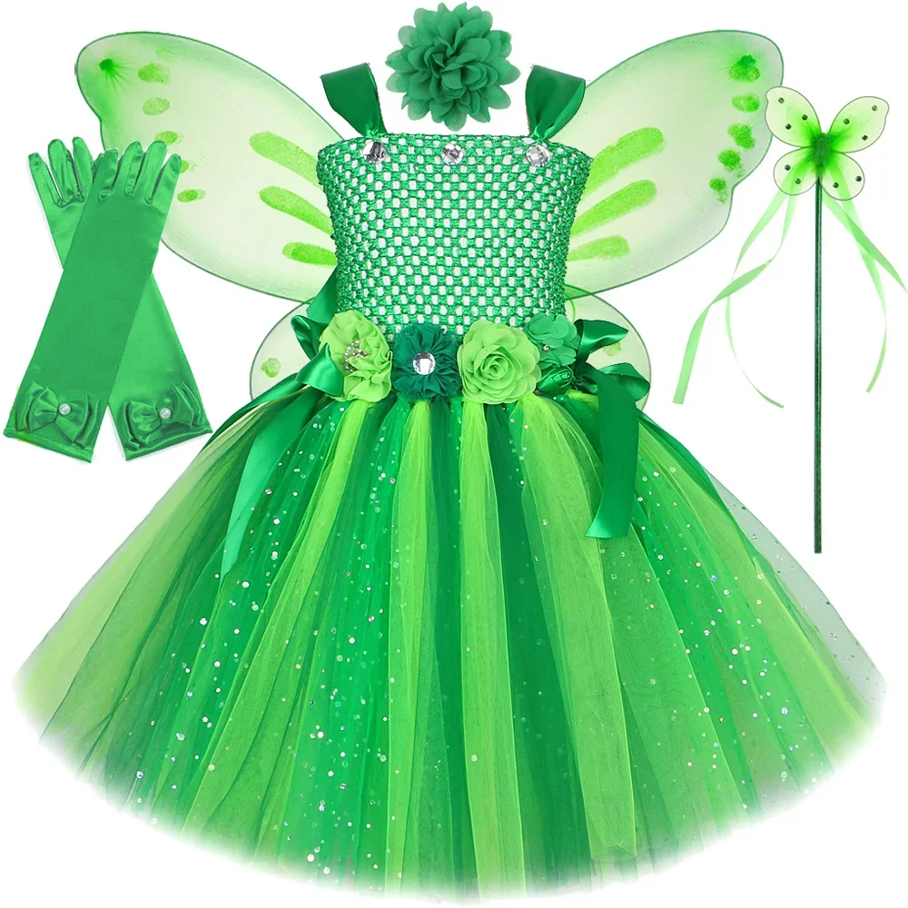

Sparkly Green Flower Fairy Costumes for Girls Christmas Halloween Dresses with Butterfly Wings Gloves Birthday Party Outfit