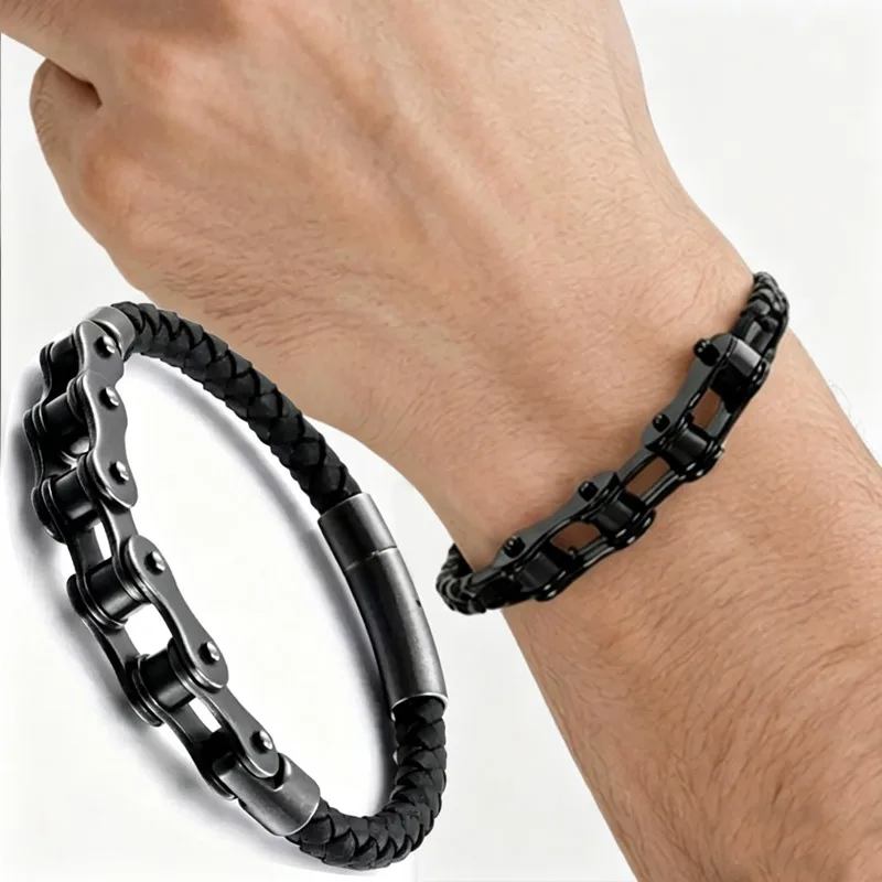 Niche Design Men's Black Leather Woven Bracelet Trendy Punk Wrist Accessory Cool Hip-hop Motocycle Bicycle Chain Bracelet 2026