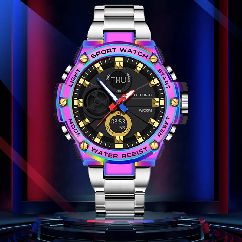 탑 럭셔리 스포츠 쿼츠 크로노 그래프 시계 캐주얼 방수 듀얼 디스플레이 합금 쿼츠 시계 남자 군사 시계 FOXBOX