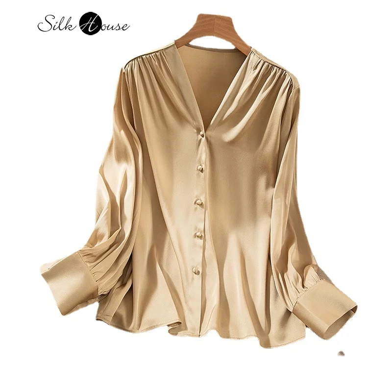 Classic Elastic Double Qiao Champagne Solid Color Long Sleeved Women\'s Fashionable 93%Natural Mulberry Silk Shirt