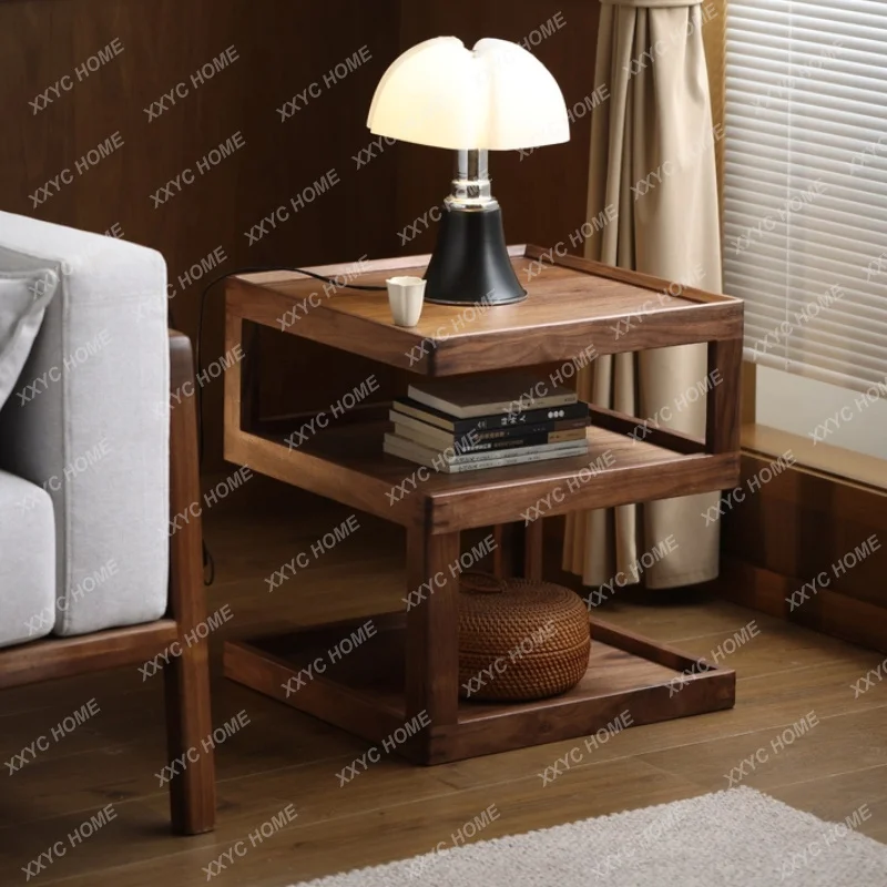 X-S log bedroom bedside table black walnut solid wood sofa corner edge  HG