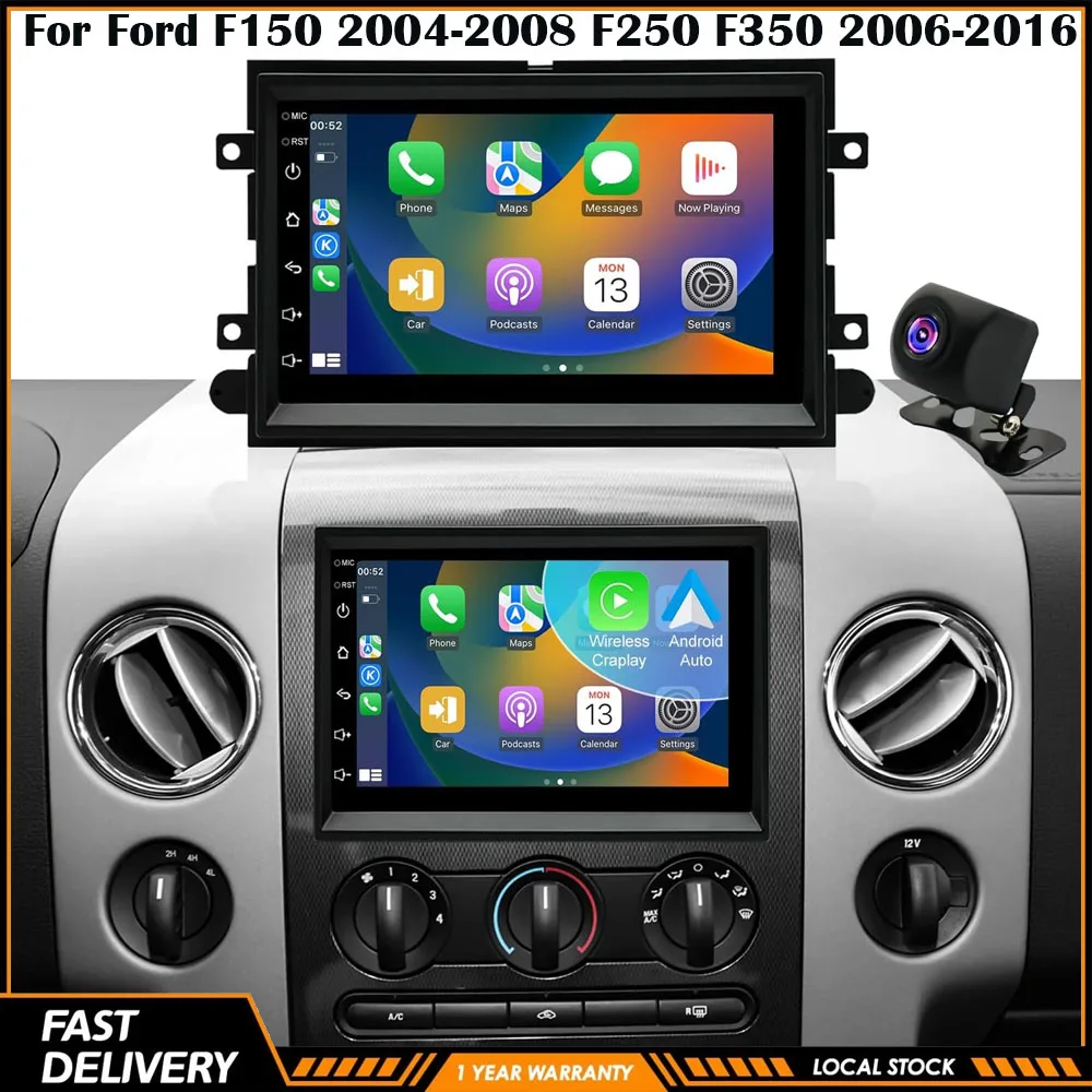 7inch Android 15 Touch Car Stereo Radio 4+64G Multimedia Video Player For Ford F150 2004-2008 F250 F350 2006-2016 E150 E250 E350 2009-2014 Shelby GT500 2007-2009 Fusion Edge Expedition Explorer Taurus Wireless Carplay Bluetooth FM RDS WiFi SWC Mirror Link