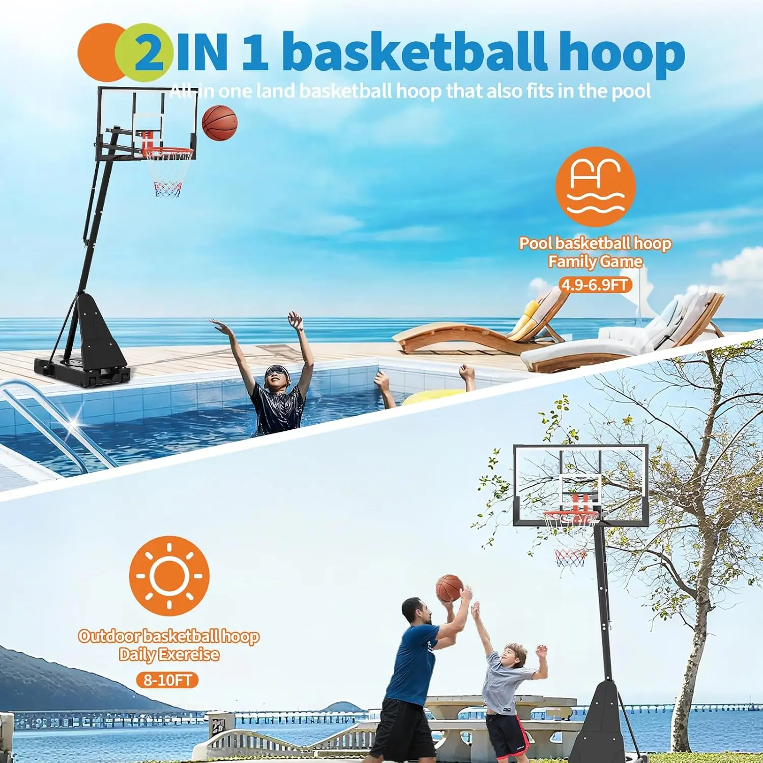 Basketball Hoop, 52 Inch Shatterproof PC Backboard, 4.9-10FT Height, Customized
