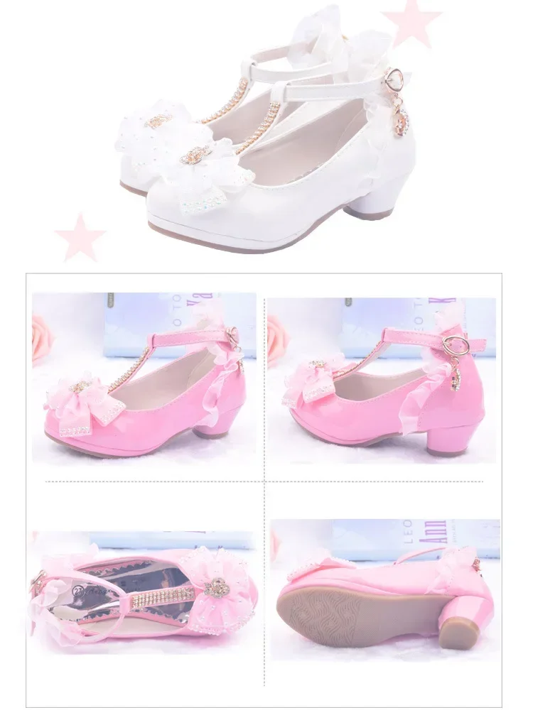 Children Party Leather Shoes Girls PU Low Heel Lace Flower Kids Wedding Shoes Girls Sandals Dance Dress Dance Shoe White Pink