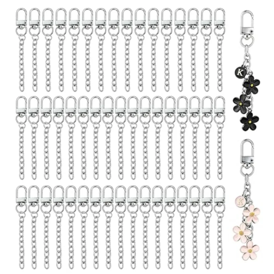 

50 PCS Keychain Making Kit Swivel Snap Hook Lobster Claw Clasps and Extender Chain Silver Metal Keychain Clips with Key Ring Bu