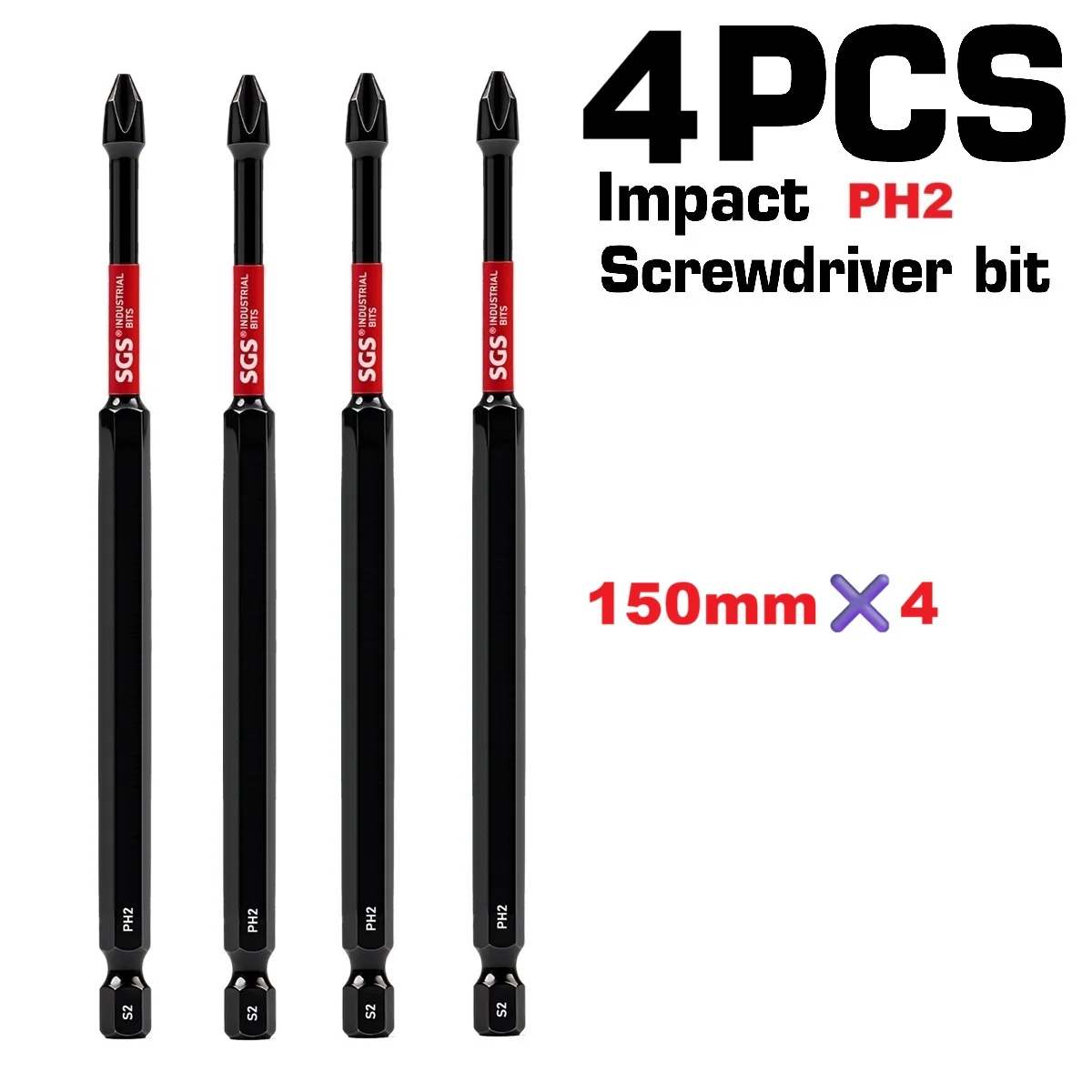 Uniwersalny bit udarowy Titan Impact Ph2 z magnesem, przedłużona długość 150 mm, stal S2 o wysokiej wytrzymałości, uniwersalny trzpień sześciokątny 1/4 cala, kompatybilny z wkrętarkami elektrycznymi i wiertarkami, specjalistyczny zestaw narzędzi do montażu mebli / napraw samochodowych.