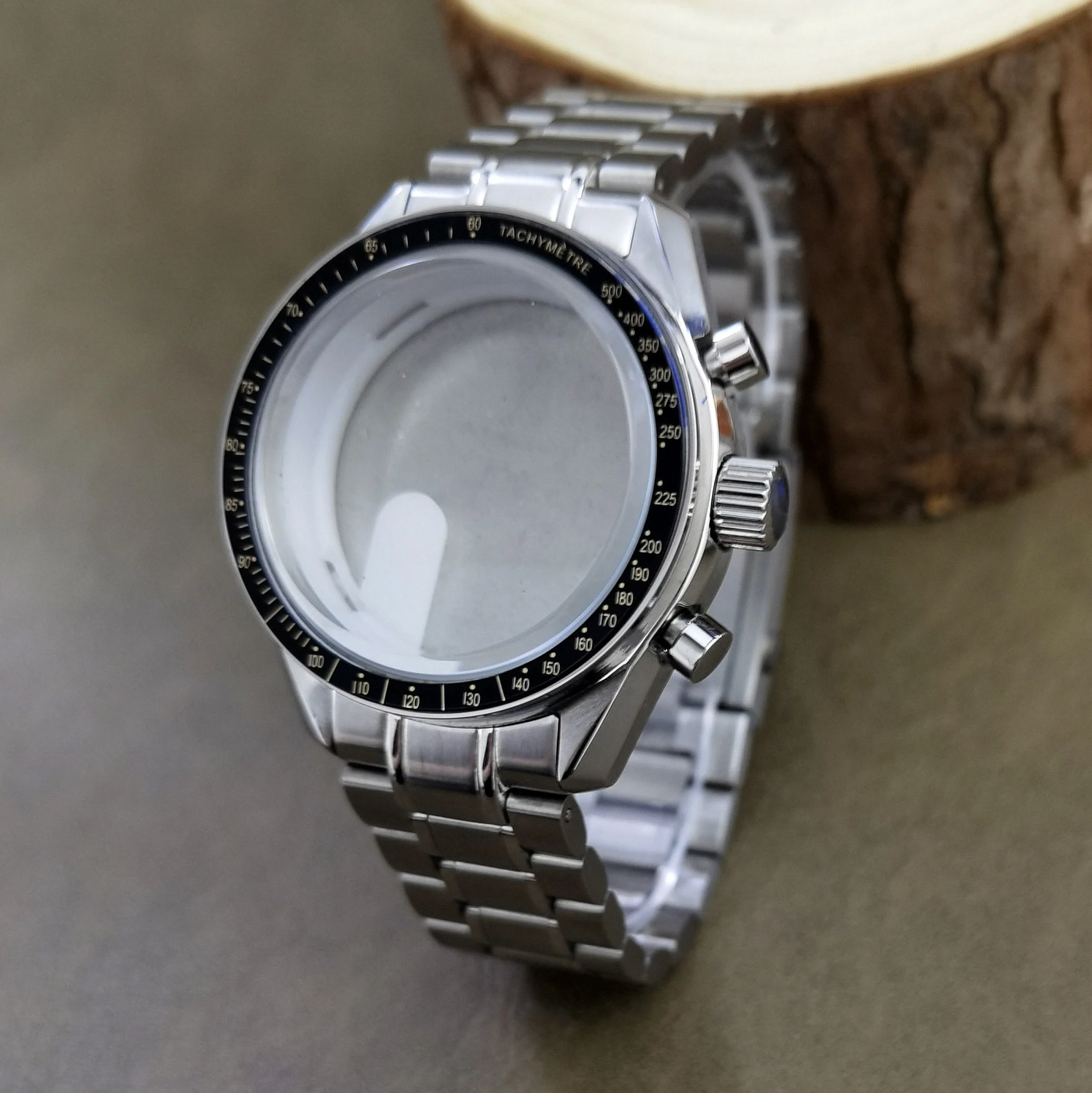 40mm Moonwatch Style Case Strap Brushed Steel Housing For VK63 Chronological Movement Fits 32.5mm Dial