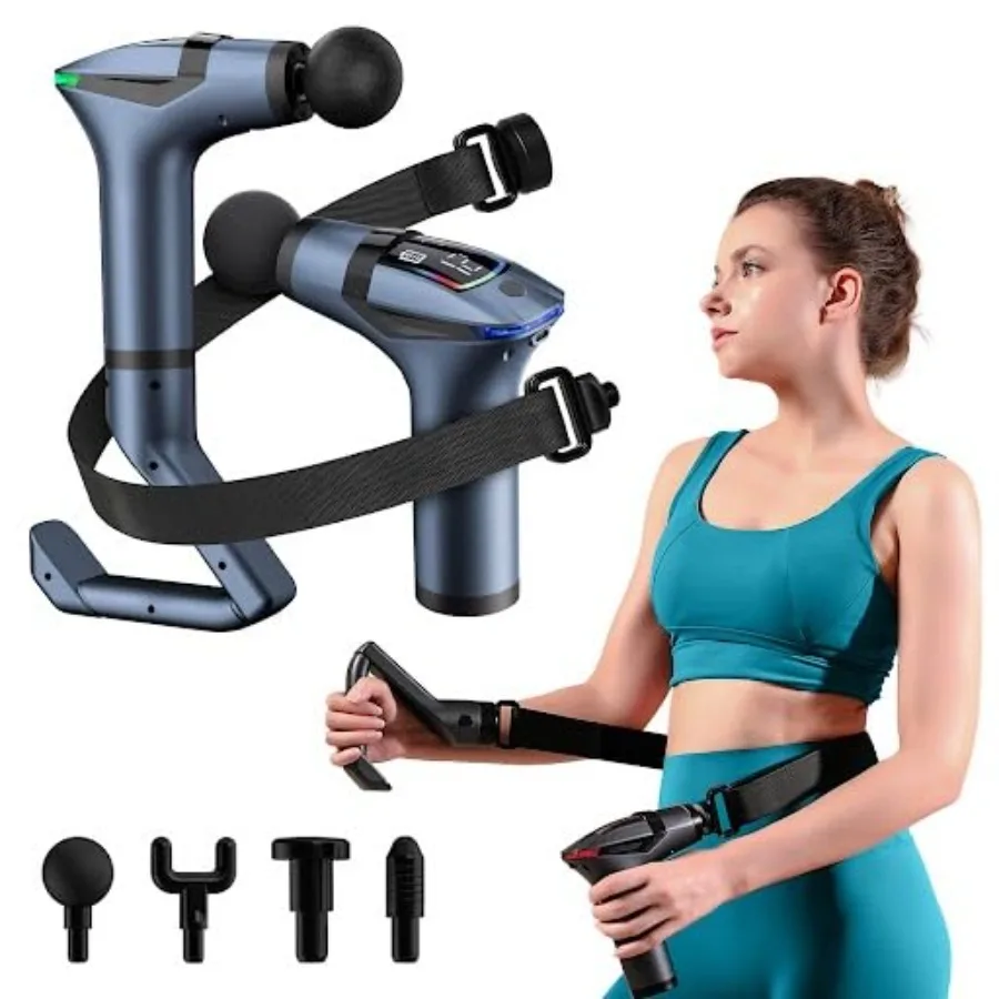 

3-in-1 Massage Gun Extended Handle and Belt with 12 Speed Levels and 4 Replaceable Heads for Athletes Gym Recovery and Seniors