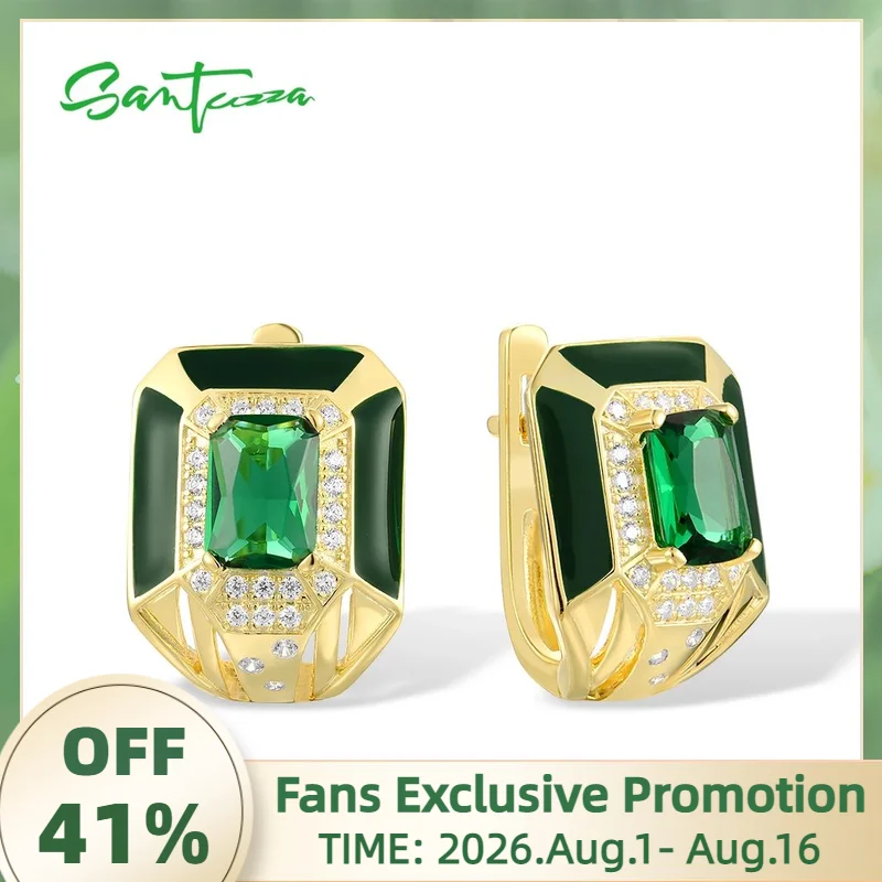 SANTUZZA Genuine 925 Sterling Silver Earrings For Women Sparkling Green Stones White CZ Gorgeous Fine Jewelry Handmade Enamel