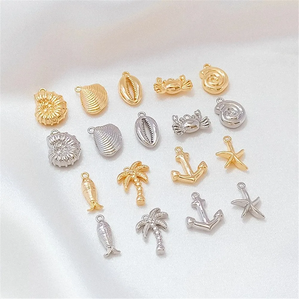 14k Gold-plated Ocean Series Conch, Shell, Starfish, Coconut Tree Pendant Diy Bracelet, Crab Pendant