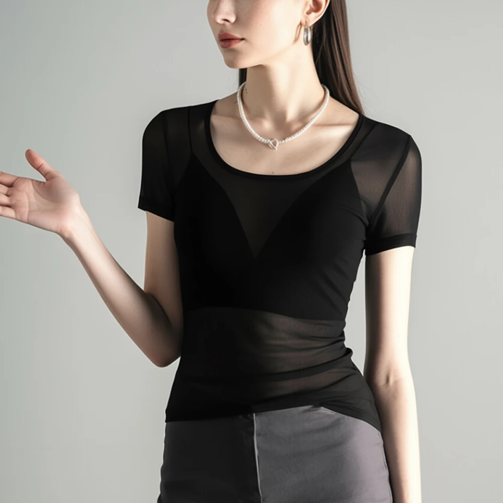 Fashion Transparent Black White Mesh T Shirt Womens Sexy S-XL Size O Neck Blouses Ladies Shirts Tops Gauze Aesthetic Clothes