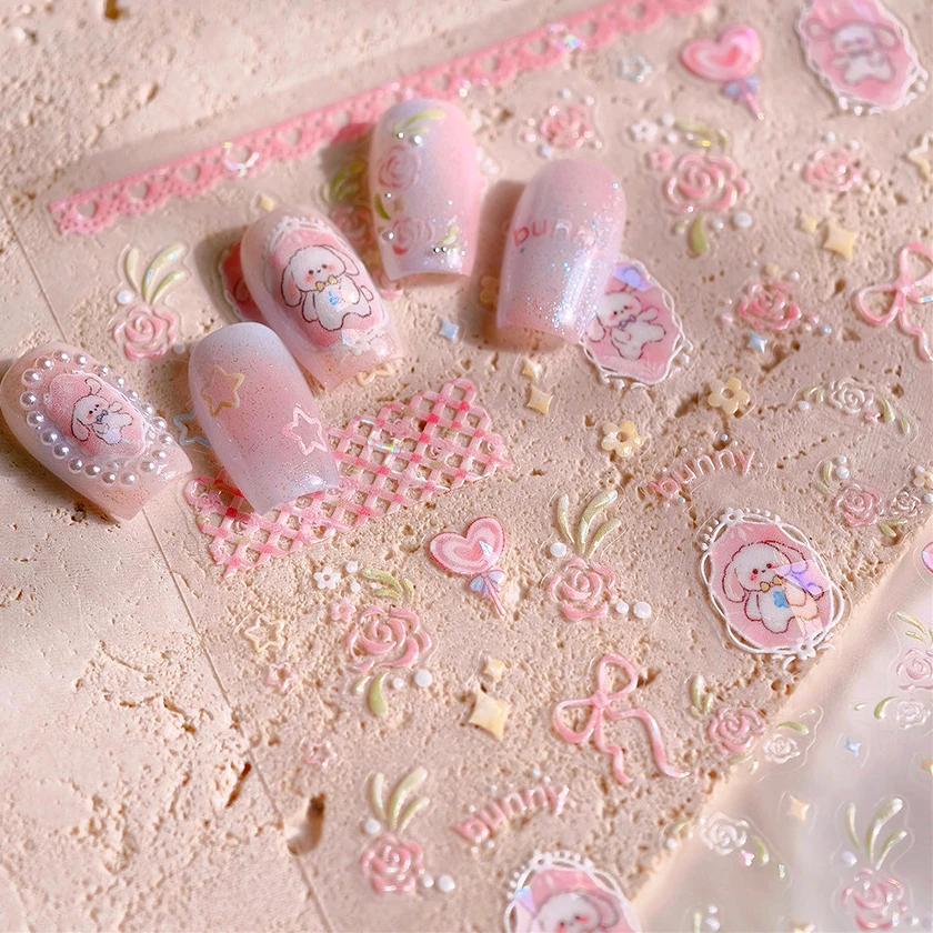 

Cute Jumping Rabbit Bunny Rose Flower Heart Lollipop Candy Bowknot Star Grid Lace Decoration Nail Art Stickers Manicure Decals