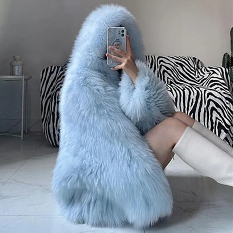 Autumn Winter Oversized White Black Warm Shaggy Hairy Faux Fur Coat Women with Hood Loose Casual Fluffy Jacket 2024