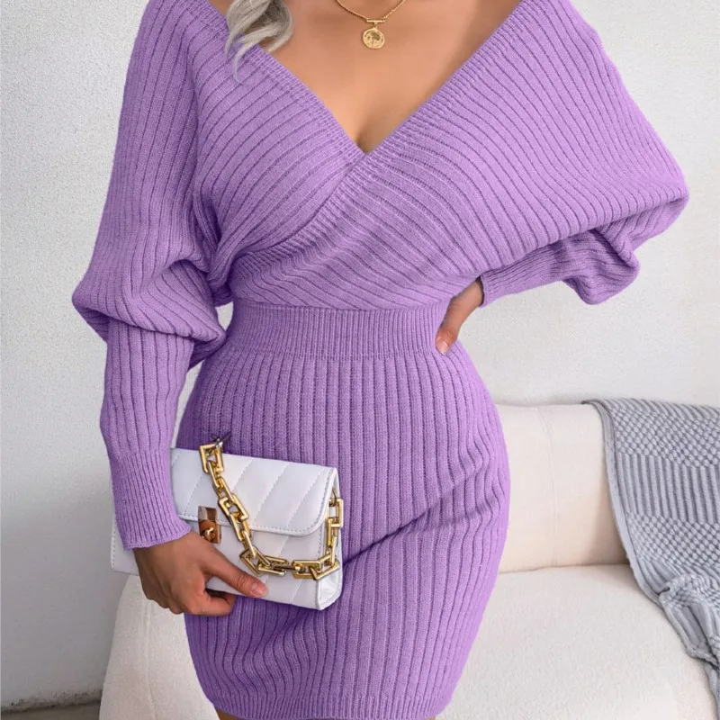 2024 Autumn/Winter Women's Sexy Cross V-neck Bat Skirt Bag Hip Dress Fashion Purple Long Sleeve Elegant Women's Woolen Dress