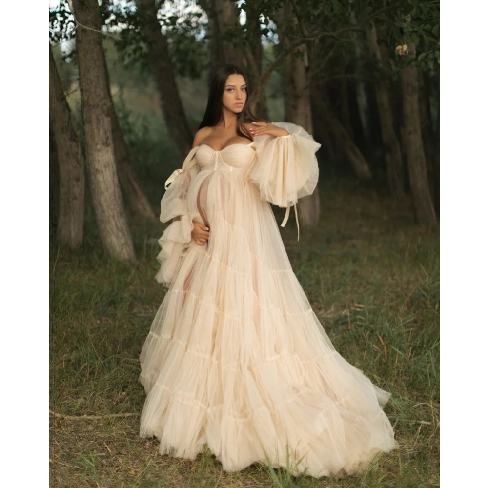 

Custom Made Puffy Pregnant Women Photo Shoot Robes Tiered Tulle Maternity Robe Women Dress Baby Shower Gowns Photography