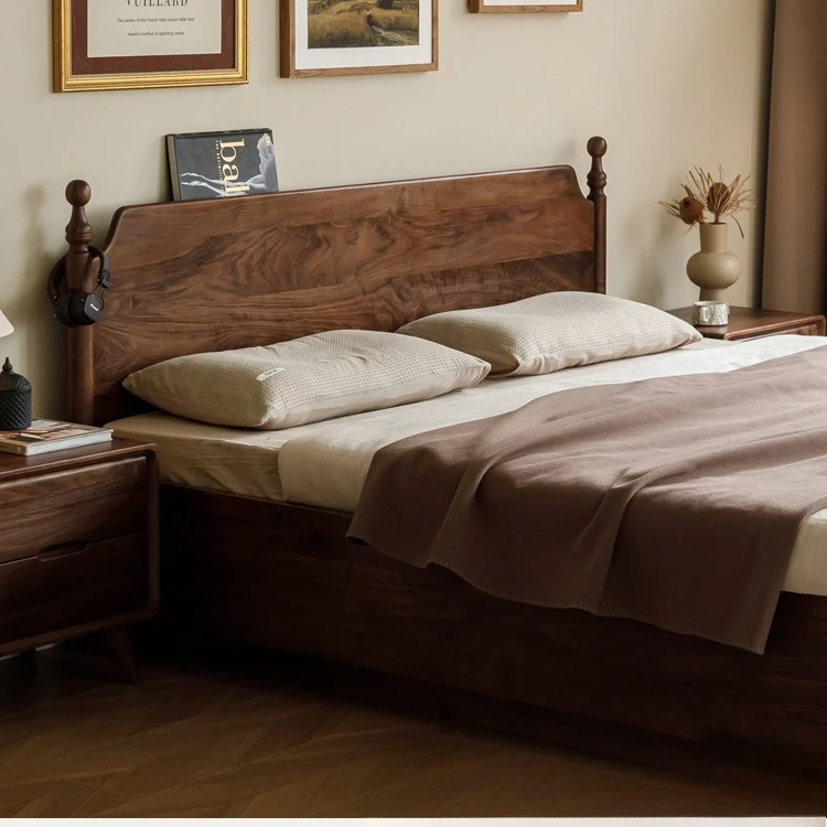 Factory Direct 2026 North American black walnut all solid wood high box bed cherry wood medium ancient style 1.5 meters 1.8 air