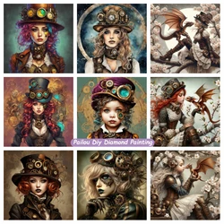 Steampunk Gril With Little Dragon 5d Diy 다이아몬드 페인팅 아트 판타지 미래의 레이디 자수 크로스 스티치 홈 인테리어 선물