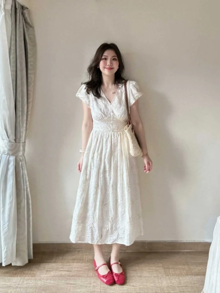 plus Size Hollow out Summer Dress Women's Waist Cinching Slimming Long Dress Korean Style Commute A-Line Skirt